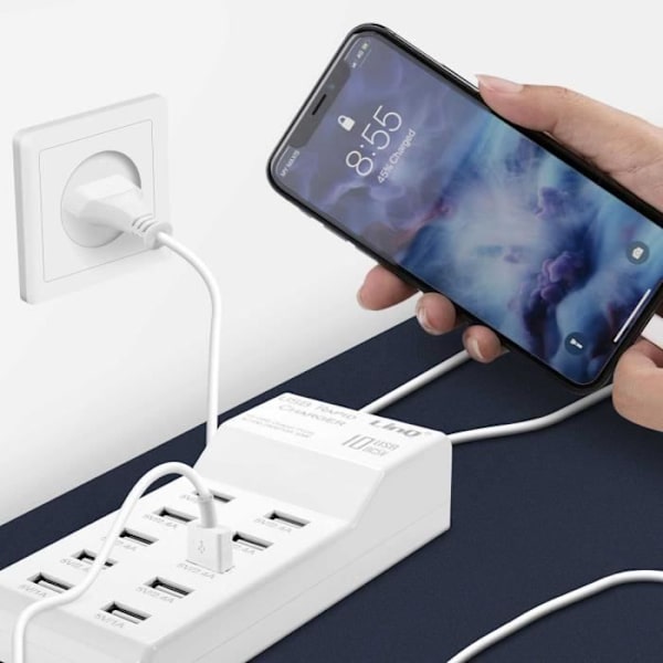 10-portars USB-sektorladdare 50W Snabbladdning Kompakt Design LinQ Vit Vit
