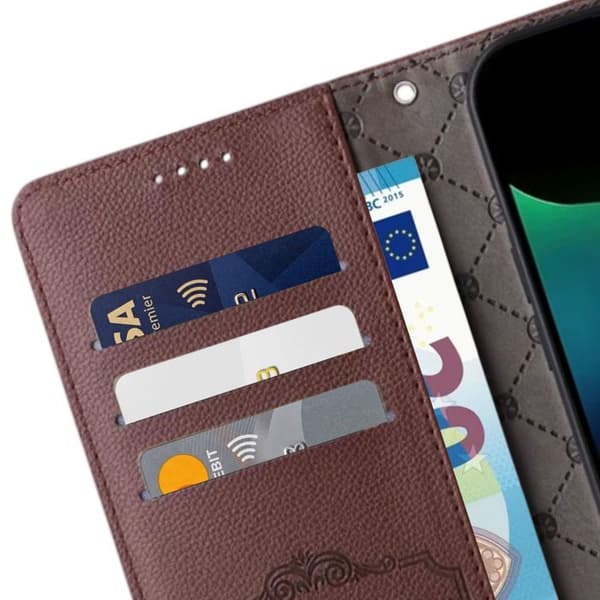 Plånboksfodral för Xiaomi Redmi 17 Anti-RFID med handledsrem och ställ i brunt brun