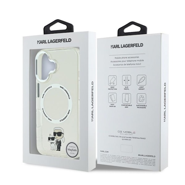 Coque för iPhone 16 Plus Tryckt Karl och Choupette Kompatibel med MagSafe Karl Lagerfeld Transparent Vit