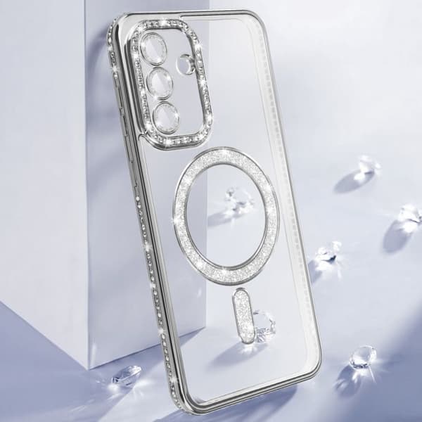 Skydd för Galaxy A56 / A36 Kompatibel med MagSafe med Silver Strass Kant Grå