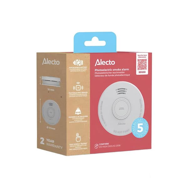 Røgalarm 85dB med 5 års batteri Certificeret EN14604 Alecto Hvid Vit