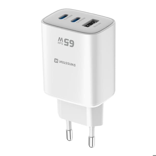 Lader 2 USB-C 65W Power Delivery og USB-A Quick Charge 3.0 18W Swissten Hvid Vit