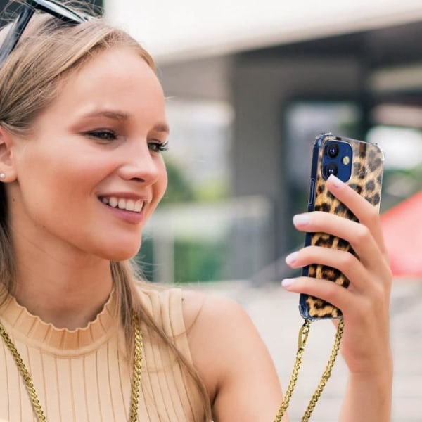 iPhone 12 ja 12 Pro -kotelo, jossa Leopard Pattern Neck Chain Guess Orange
