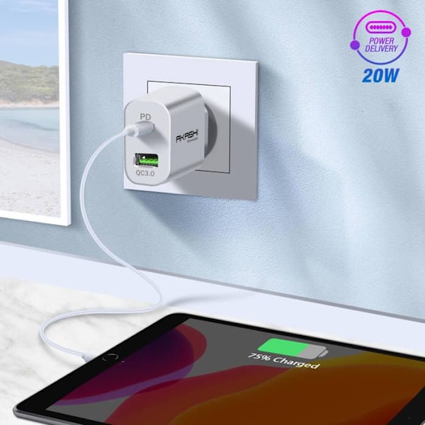 Oplader 38W Dobbelt USB-A QC 3.0 + USB-C PD Hurtigopladning Akashi hvid Vit