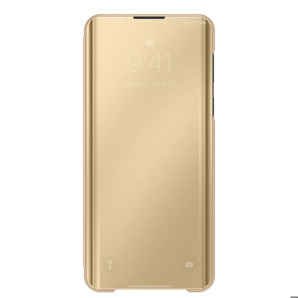 Spejl Etui til Galaxy S26 med Smart View Vindue og Foldbart Stativ Guld Gul