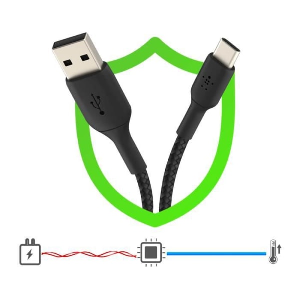 USB till USB-C-kabel 18W Flätad nylon 15cm Charge and Synchro Belkin svart