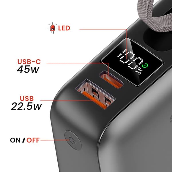 Externbatteri - SWISSTEN - 20000mAh - 45W - Inbyggd USB-C-kabel - Silver Grå