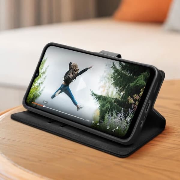 Kotelo Samsung Galaxy A14 5G- ja 4G-lompakkovideolle tukee mustaa Svart
