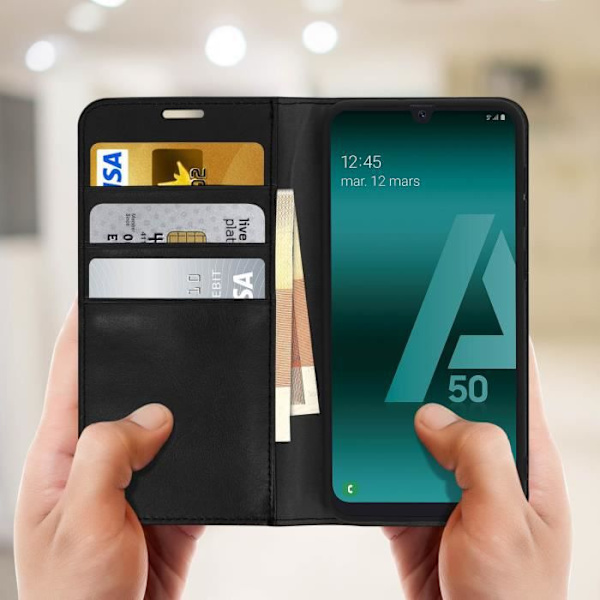 Etui för Samsung Galaxy A50 - AVIZAR - Fodral Folio Läder - Videostöd - Svart - Heltäckande skydd Svart
