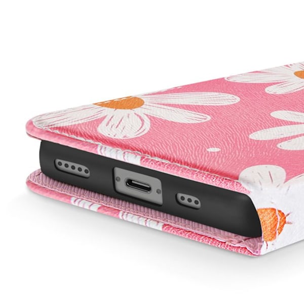 Fodral för iPhone 16e Margueritmönster med handledsrem och kortficka Fuchsia Rosa