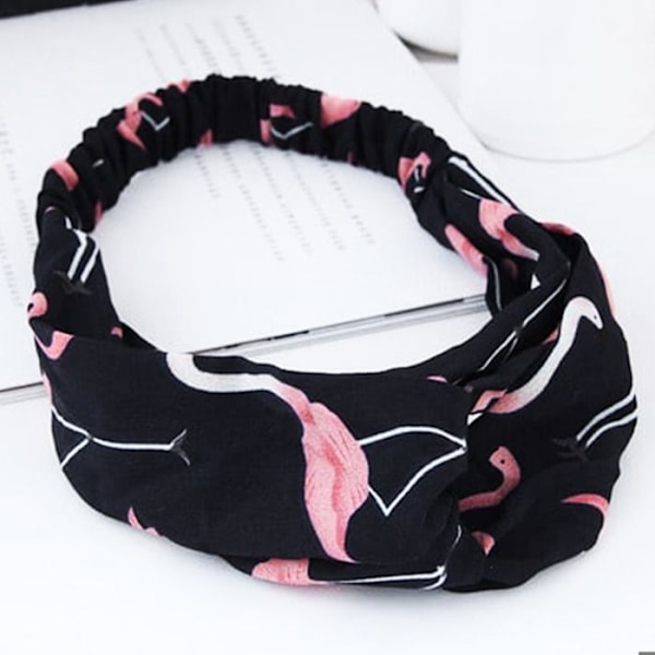 Satiini Painettu Musta Trooppinen Flamingo Hiuspanta Svart