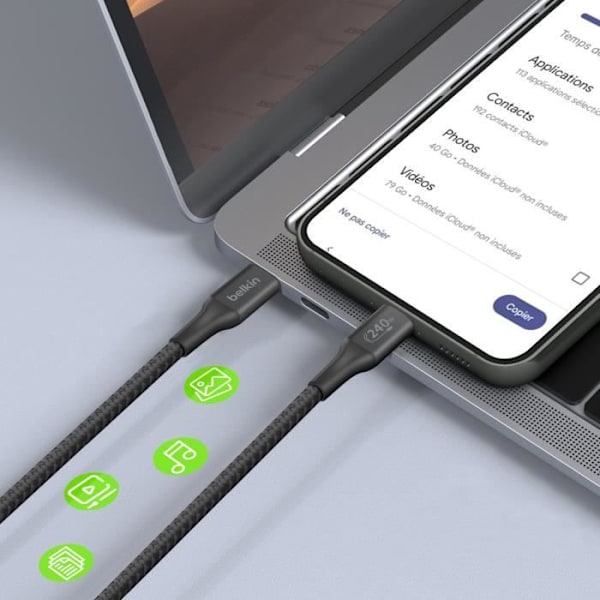USB C-kabel - BELKIN - BoostCharge - 240W - 2m - Flettet nylon - Hurtig opladning Svart