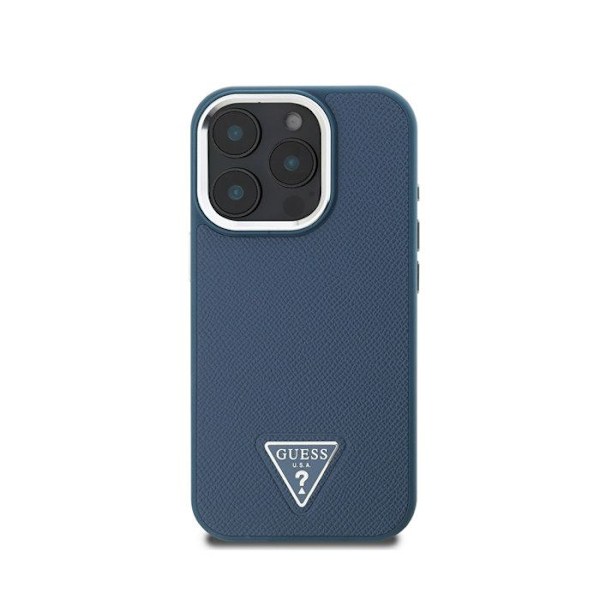 Skal till iPhone 16 Pro i grängad textur med triangulärt Guess-logotyp i blått Blå