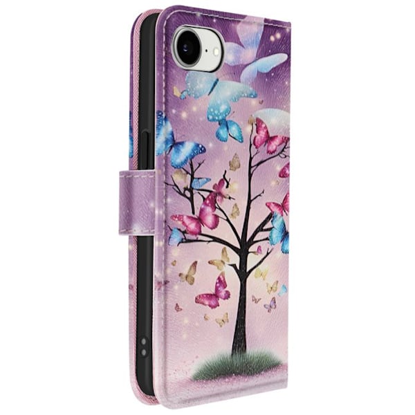 Etui til iPhone 16e Motif Sommerfugletræ med Håndledsrem og Kortholder Lilla Lila