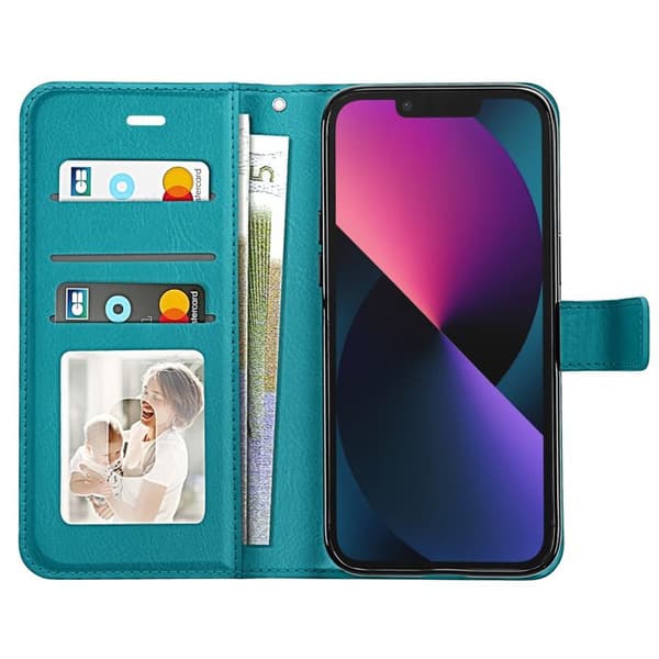 Plånboksfodral för iPhone 13 med videostöd och handledsrem Mayaxess Turkos Blå