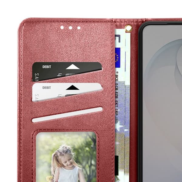 Pungetui til Galaxy S26 med magnetisk trykknap og rød håndledsrem Röd