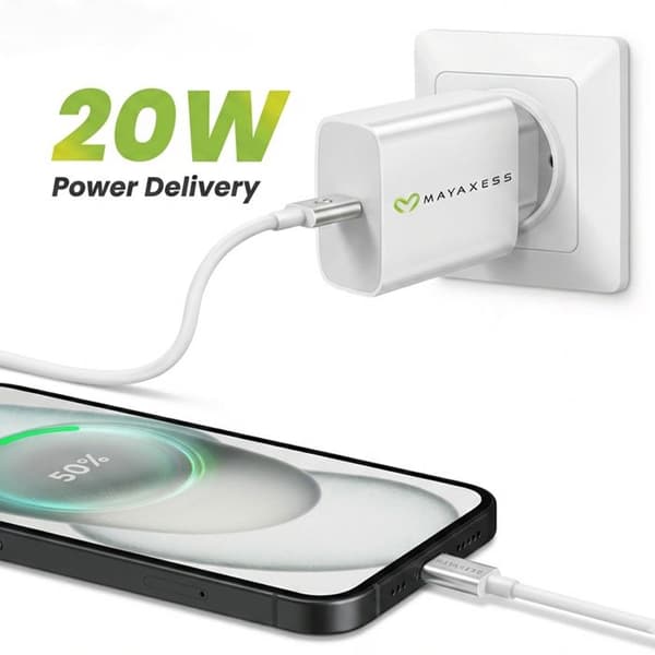 Laddare för iPhone 15 20W + USB-C-kabel 1m Mayaxess Vit Vit