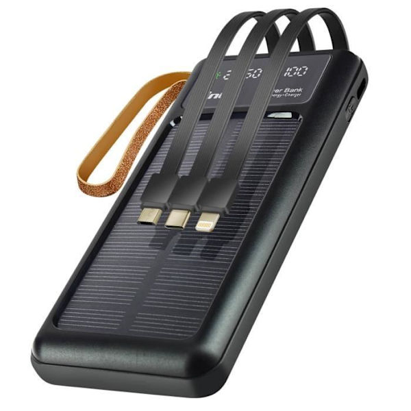 15000mAh Solar Power Bank med Micro USB Lightning USB C-kabel LinQ Sort Svart
