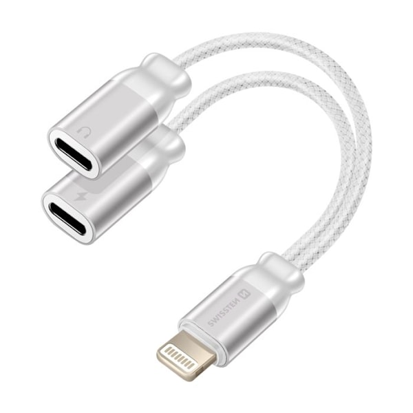 Swissten Valkoinen 2-in-1 Nylon Punottu Äänenjakaja ja Lightning Lataus, Hämärän Vastainen