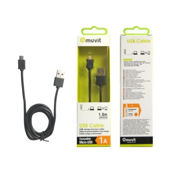 MUVIT SPRING Rund Kabel CHARGE &amp; SYNCHRO MICRO USB 1M 1A Svart
