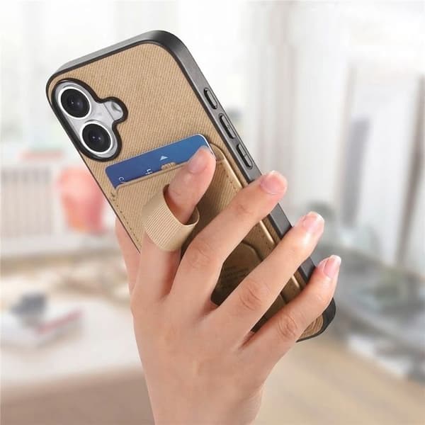 iPhone 17 Fodral med Tyg Effekt och Stöd samt Kortfack Kaki Grön