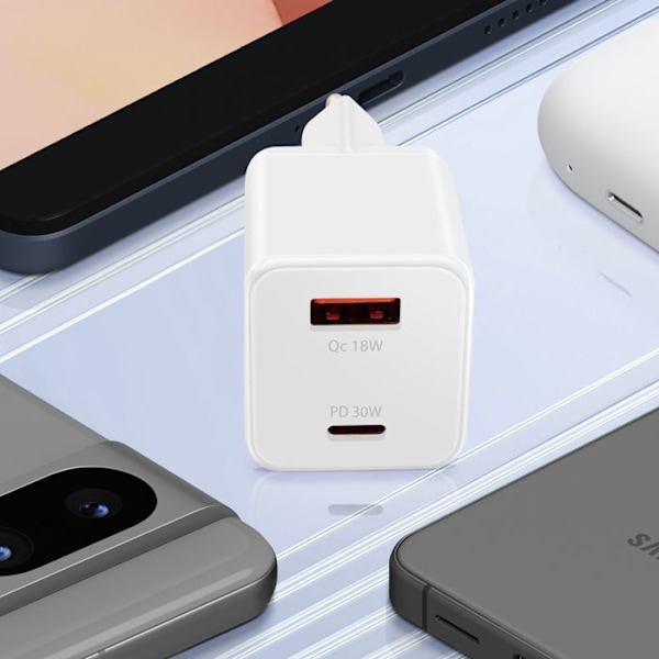 USB-C-laddare Power Delivery 30W + USB 18W Quick Charge 3.0 Kompakt LinQ Vit Vit