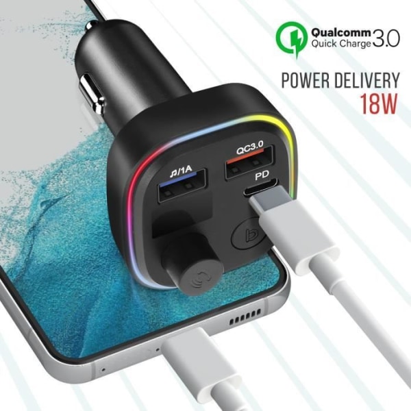 Bluetooth FM-sändare med USB QC 3.0 och USB-C billaddare 18W C2 Svart