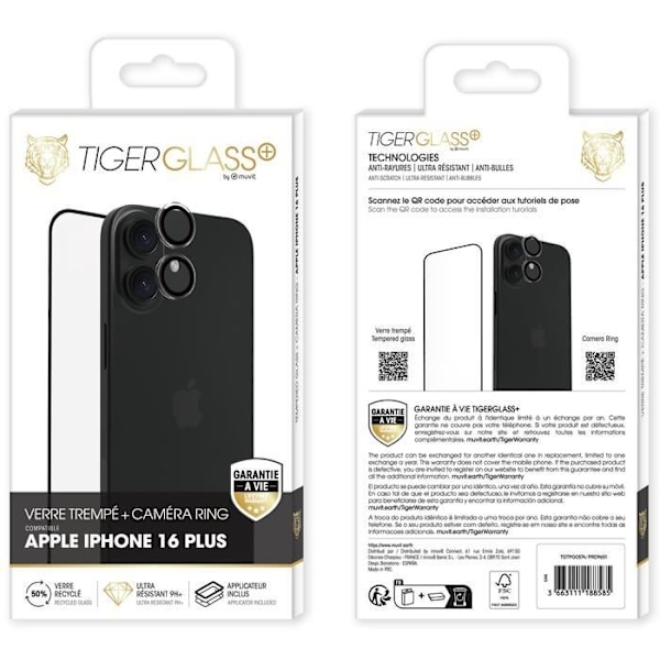 TIGER GLASS PLUS PACK KAMERAN SORMUS KIERRÄTETTY KARKAISTETTU LASI IPHONE 16 PLUS