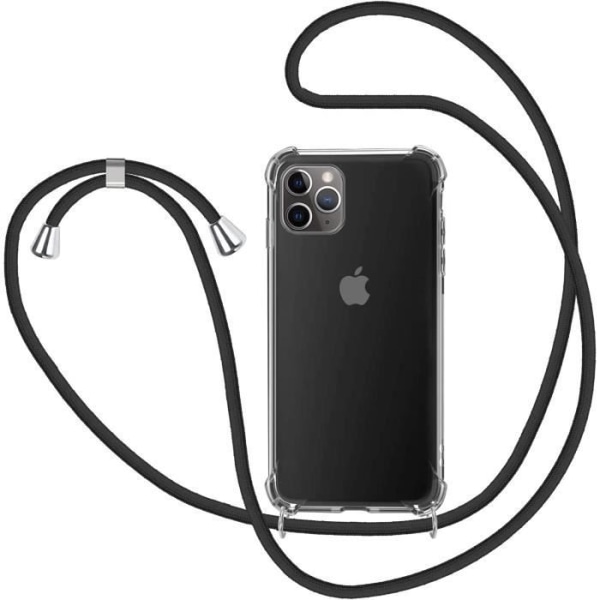 Fodral med sladd iPhone 11 Pro Max Svart färg transparent förstärkt stötsäker TPU Justerbar halssnöre U7