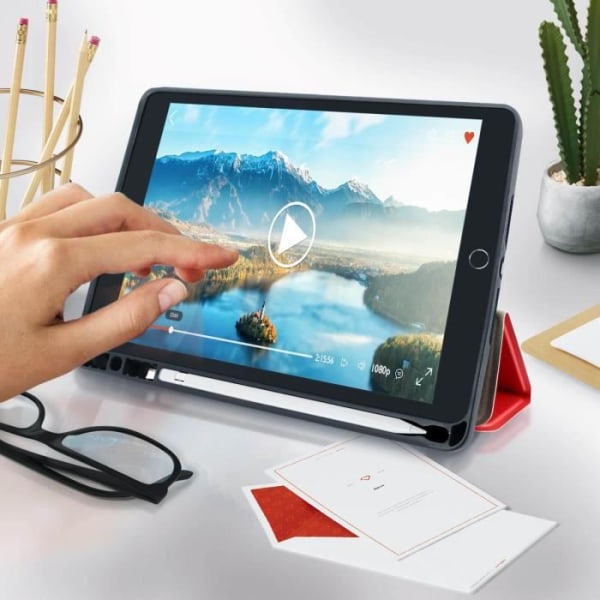 iPad-fodral 2019 10.2 - AVIZAR - Tunn Röd Design - Ekologisk Läder - Videoställ - Inbyggt Tangentbord Röd