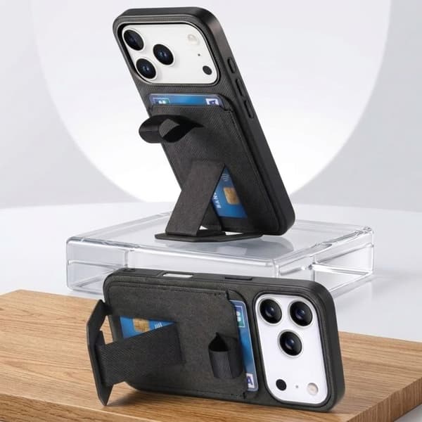 iPhone 17 Pro Max Cover med Stofeffekt, Støtte og Kortholder i Sort Svart