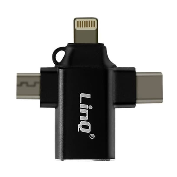 OTG-adapteri - LinQ - 3 in 1 - USB-C, Micro-USB, Lightning - USB 3.0 - Musta