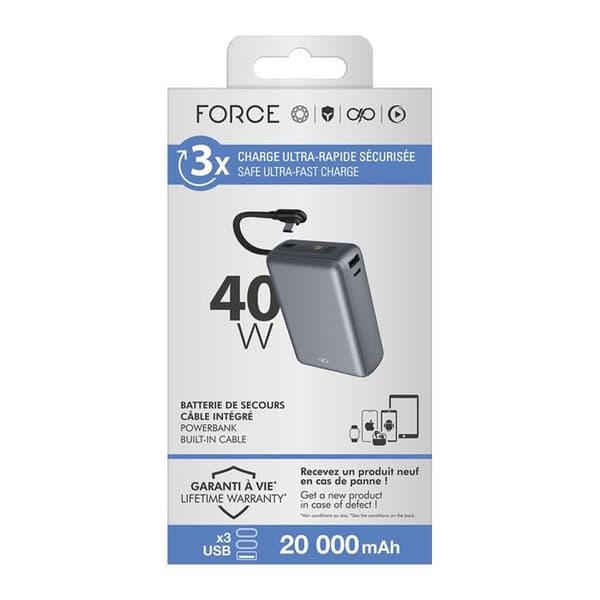 Power Bank - FORCE POWER - 20000mAh - 40W PD/QC - USB-A & USB-C - Integroitu USB-C-kaapeli Grå