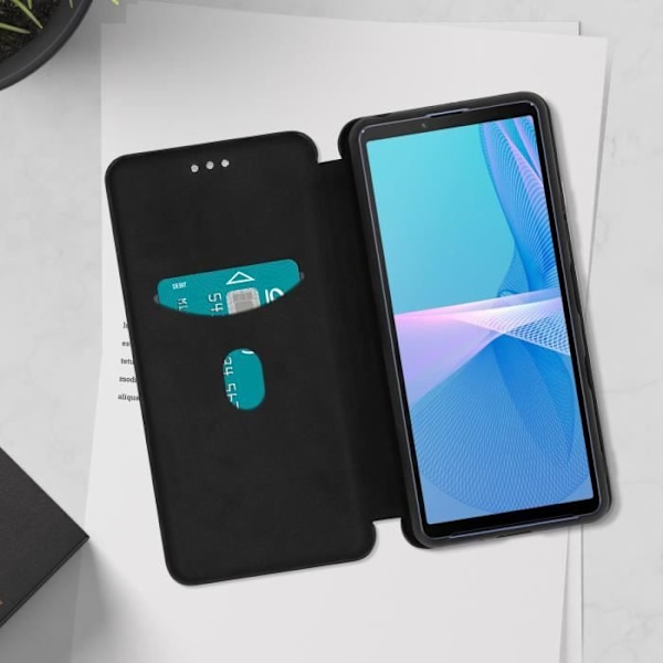 Hus til Sony Xperia 10 III - AVIZAR - Kortholder med håndledsrem - Sort Carbon-effekt Svart