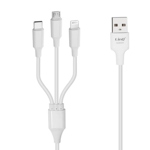 3 i 1 USB til Micro-USB iPhone Lightning USB Type C-kabel 5A LinQ Hvid