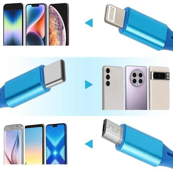 3 i 1 USB-kabel - LINQ - Udtrækkelig - 1m - Kompatibel iPhone, USB-C, Micro USB - Blå Blå