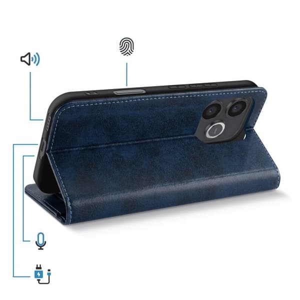 Fodral för Honor 600 Lite Läderlook med kortfack och ställfunktion Mörkblå Blå