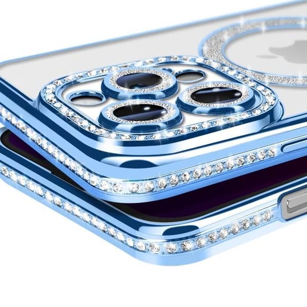Coque - Diamant - iPhone 13 Pro - Blå Strass - Rigide - Kompatibel med MagSafe Blå