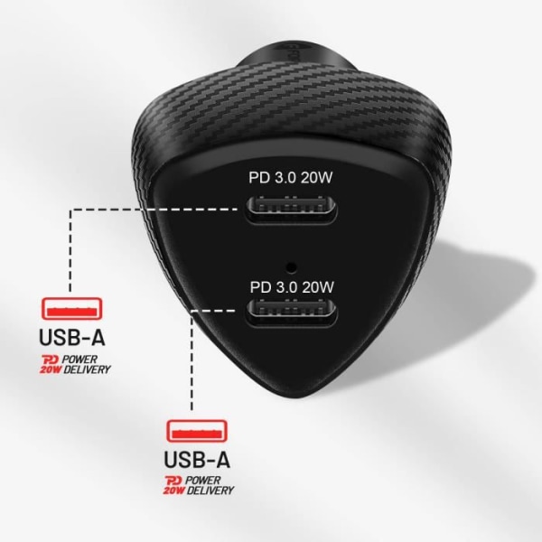 Oplader til bil - Forcell - Dobbelt USB-C - 40W Power Delivery - Carbon Design - Hurtigopladning Svart