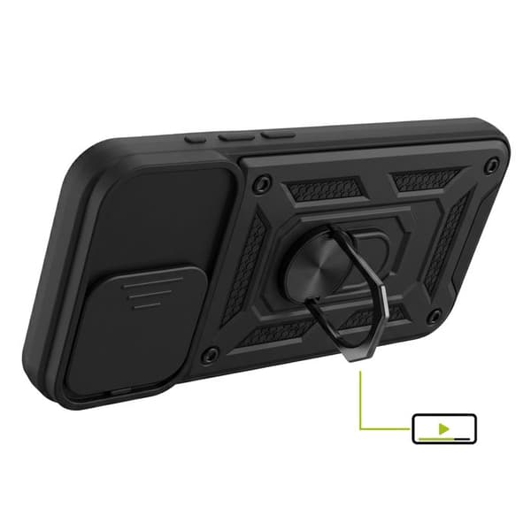 Cover til iPhone 15 Pro Max med skydelåg til objektiv og magnetisk støtte-ring Mayaxess Sort Svart
