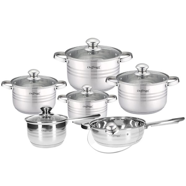 Köksset 12 Delar 4 Kastruller/1 Stekpanna/1 Kastrull med Lock Cheffinger Silver