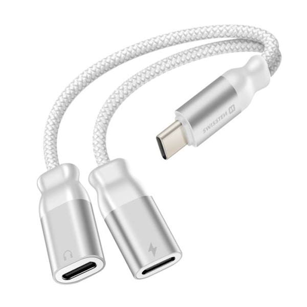 Splitter audio och USB-C-laddare 2-i-1 nylonflätad anti-knut Swissten vit