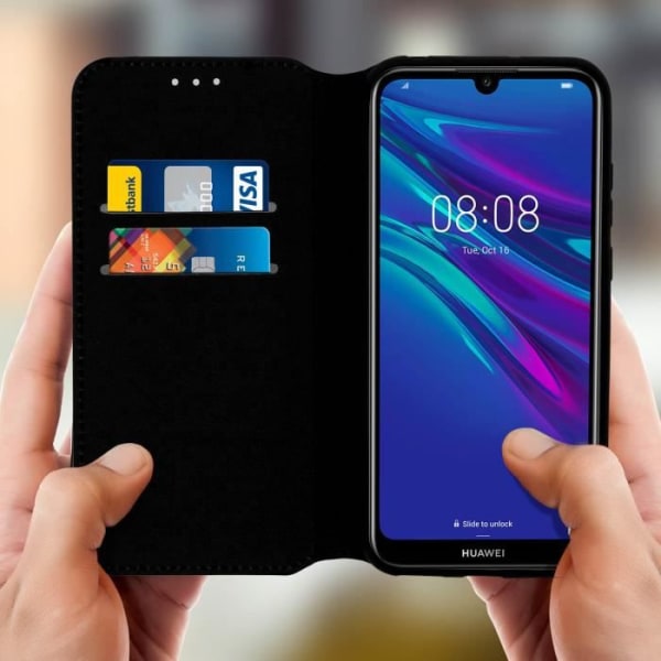 Honor 8A / Huawei Y6 2019 kotelo Folio lompakkokotelo musta jalustatoiminto musta