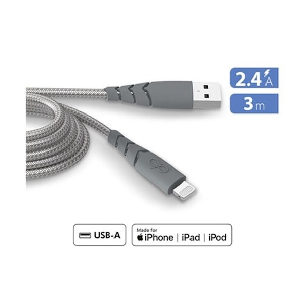 Mobiltelefonkabel Force Power Cable Ultra Förstärkt USB-A/Lightning 3m Recycle Grey