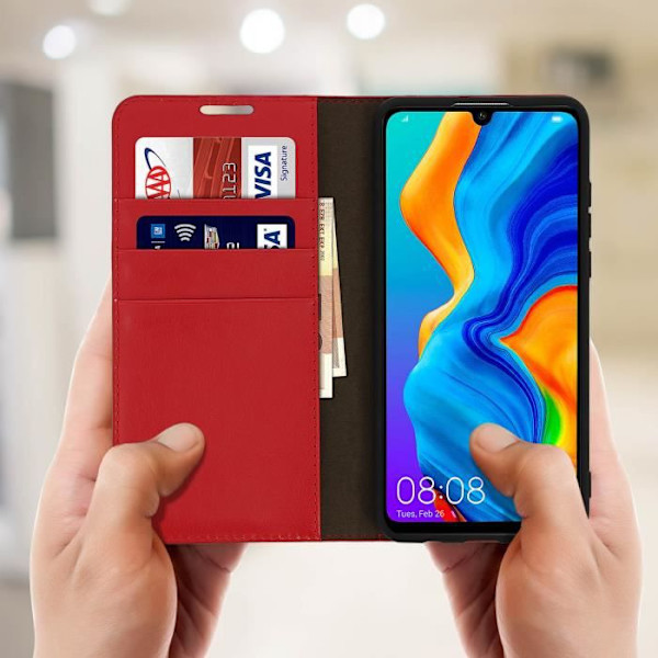 Huawei P30 Lite Etui - AVIZAR - Folio Læder Case - Rød - Video Støtte - Fuld Beskyttelse Röd