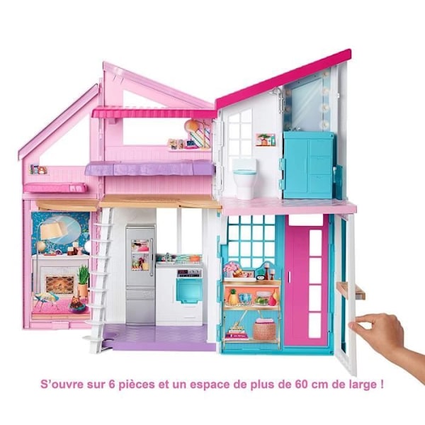 Barbie - Malibu House - 6 huoneen nukketalo 2 kerroksella - Yli 25 asustetta - Alkaen 3 vuotta vanha Vaaleanpunainen