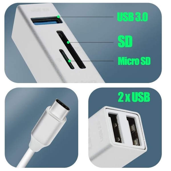 5 i 1 USB-C Hub: 3 USB-porte og LinQ MicroSD SD-kortlæser Sølv