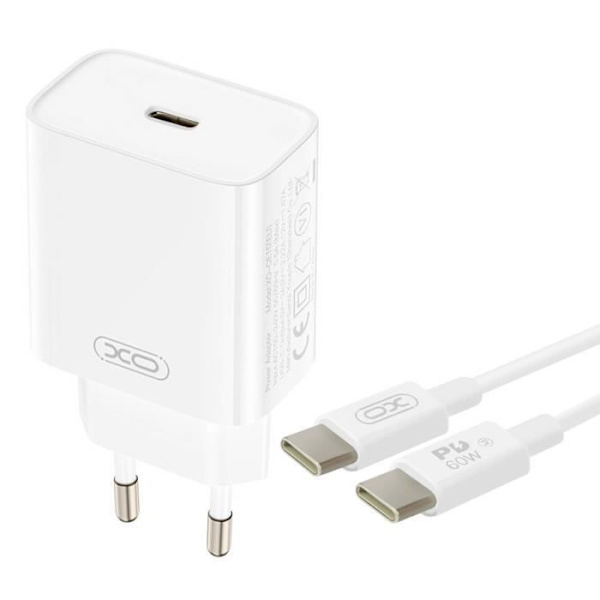 USB-C Väggladdare - XO - 20W - Kompakt - USB-C Kabel Ingår - Överspänningsskydd Vit