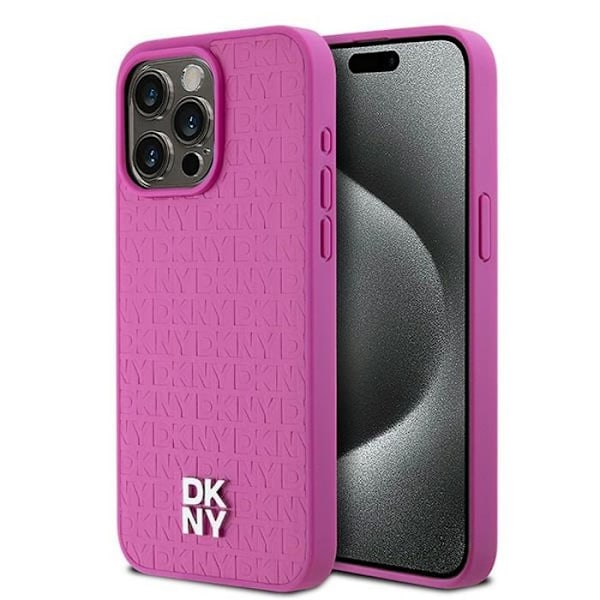 Coque iPhone 15 Pro Max - DKNY Læder Monogram Mønster Metal Logo MagSafe (DKHMP15XPSHRPSP) - Rosa rosa