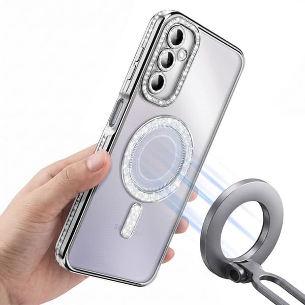 Cover til Galaxy A14 4G / 5G Kompatibel med MagSafe med Sølv Rhinestones Kant Grå